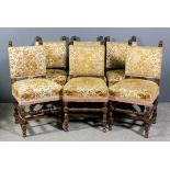 Six 19th Century walnut framed dining chairs, the square backs with twin carved lions mask