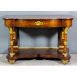 An unusual Victorian mahogany and carved gilt wood console table of bold shaped outline, the plain