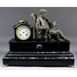 A late 19th Century French black slate green veined marble and bronzed spelter mantle clock, the