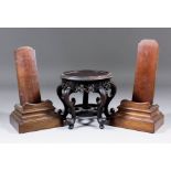 Two mahogany plate stands with rectangular moulded bases, 8ins and 8.75ins high, and a Chinese