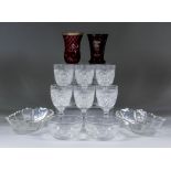 A set of six modern Hobnail cut glass wine glasses, 6.25ins diameter, a pair of early 19th Century