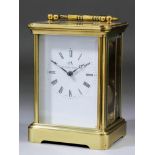 A modern carriage clock by Matthew Norman, the white enamel dial with Roman numerals to the eight