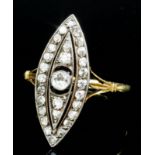 A modern 18ct gold mounted all diamond set marquise pattern ring in the Georgian manner, the face