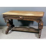 A 19th Century Continental oak rectangular centre table with leaf carved moulded edge to top, the