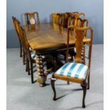 A 20th Century walnut extending refectory table, the solid cleated top with extra leaves to each