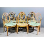 A set of six early 20th Century beechwood (formerly green painted) oval backed occasional armchairs,