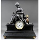 A 19th Century French black slate and spelter cased mantel clock by C. Detouche of Paris, the 3.