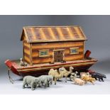 A 19th Century German pull-along painted wooden Noah's Ark, 21ins x 8.25ins x 11ins high, with