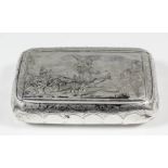 A late 19th Century Russian silver rectangular snuff box, the lid engraved with hunting scene, the