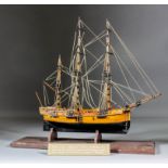 A scratch-built wooden sailing ship - "Endeavour", 16ins long x 14ins high, on wooden stand, in