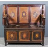 An early 20th Century mahogany monks bench/table, the whole inlaid with bandings and stringings,