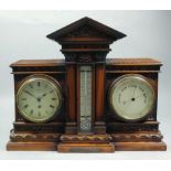 A late Victorian walnut cased wall mounted timepiece, aneroid barometer and thermometer, by