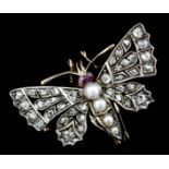 A late Victorian gold and silvery coloured metal mounted all gem set butterfly pattern brooch, the