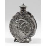 A plated brass imperial Russian powder flask cast with the double headed eagle to both faces and