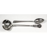 A late Victorian silver Kings pattern soup ladle by Robert William Jay, London 1892, and an early