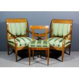 A pair of Continental fruitwood and ebonised square back open archairs in the "Biedermeier" style,