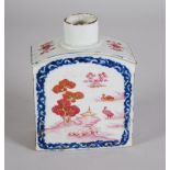 LATE EIGHTEENTH CENTURY CHINESE ENAMELLED PORCELAIN TEA CADDY, clad sided form with arched shoulders
