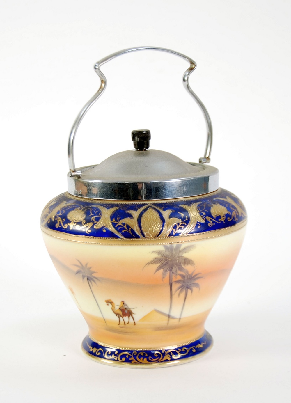 1930s JAPANESE NORITAKE PORCELAIN BISCUIT CONTAINER with electroplated cover and swing handle, the