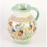 a  1930's H.J. WOOD BURSLEY WARE CHARLOTTE RHEAD TUBE LINED POLYCHROME DECORATED JUG, 8 3/4" (22.