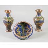 PAIR OF LATE NINETEENTH/EARLY TWENTIETH CENTURY CHINESE CLOISONNE VASES AND A MATCHING BOWL,