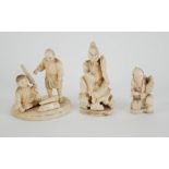 THREE JAPANESE LATE MEIJI PERIOD CARVED IVORY OKIMONOS, one modelled as two umbrella vendors on an