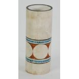 TROIKA/CORNWALL CYLINDRICAL POTTERY VASE, by Honor Curtis, painted in tones of brown and blue with a