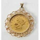 USA TWENTY DOLLAR GOLD COIN, 1904, LOOSE MOUNT IN FANCY 9CT GOLD FRAME, 45.8g