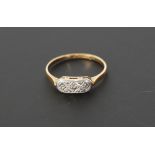 THREE STONE DIAMOND SET 18CT GOLD RING, illusion set rectangular top with one single cut diamond and