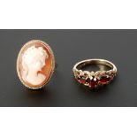 9CT GOLD CARVED SHELL CAMEO RING, 2.5cm long, K ½, Birmingham 1975, 4.3g AND A 9CT GOLD THREE