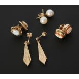 PAIR OF CULTURED PEARL STUD EARRINGS, 7mm diameter, set in 9ct gold, A PAIR OF 9CT GOLD OPAL SET