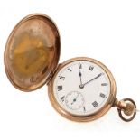 EARLY TWENTIETH CENTURY GOLD PLATED HUNTER POCKET WATCH, roman porcelain dial with seconds dial