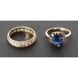 SYNTHETIC SAPPHIRE SET RING, cushion cut in 9ct gold band, I ½, 2.3g AND A WHITE STONE SET