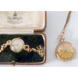 9CT GOLD CASED FOB WATCH, keyless movement, foliate engraved roman dial, with chased case, import