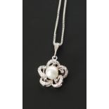 18CT WHITE GOLD BOX CHAIN NECKLACE, import Sheffield 1977, 4.1g suspending a CULTURED PEARL AND