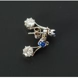 PAIR OF DIAMOND AND SAPPHIRE SET PENDANT STUD EARRINGS, studs claw set with a single round cut