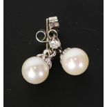 PAIR OF CULTURED PEARL AND DIAMOND SET 18CT WHITE GOLD PENDANT STUD EARRINGS, studs claw set with