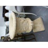 *A PAIR OF CREAM COLOURED FIBRE GLASS LARGE GARDEN URNS, EMBOSSED AUTOUR WITH CLASSICAL FIGURES,