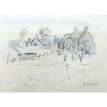 ATTRIBUTED TO LOWRY, PENCIL DRAWING Farm buildings with wagon and figures,  bears signature 'L.S.