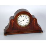 EARLY TWENTIETH CENTURY INLAID MAHOGANY MANTEL CLOCK, the 3 1/4" Roman dial powered by a wind-up