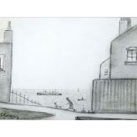 ATTRIBUTED TO LOWRY, PENCIL DRAWING Coast scene with houses, figure and dog in foreground shipping