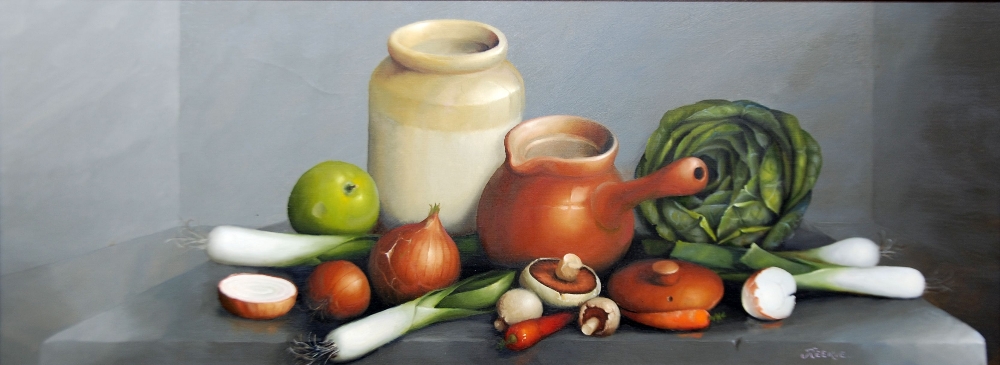 REEKIE (MID 20TH CENTURY) OIL ON CANVAS Still life with jugs & vegetables Signed 13" x 35" (33cm x