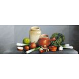 REEKIE (MID 20TH CENTURY) OIL ON CANVAS Still life with jugs & vegetables Signed 13" x 35" (33cm x