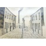 ATTRIBUTED TO LOWRY, PENCIL DRAWING Street scene with four figures and a dog, factory chimneys in