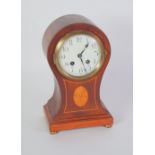 EDWARDIAN INLAID MAHOGANY BALLOON CASED MANTEL CLOCK, the 4 1/4" Arabic dial powered by an eight day