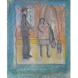 •JOHN THOMPSON (1924-2011) MIXED MEDIA Man and woman with dog outside a shop, figure through an arch