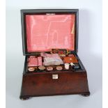 AN EARLY VICTORIAN ROSEWOOD SARCOPHAGUS SHAPED SEWING BOX, ON COMPRESSED DISC FEET