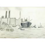 ATTRIBUTED TO LOWRY, PENCIL DRAWING Coast scene with moored cargo ship and smaller vessels,  power