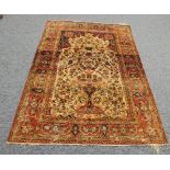 SEMI ANTIQUE KASHAN PERSIAN PRAYER RUG, the off white field having shaped mihrab and striped side