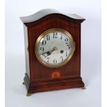 LISTER HORSFALL, HALIFAX EARLY TWENTIETH CENTURY INLAID MAHOGANY MANTEL CLOCK, the 5 3/4" silvered