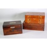 VICTORIAN WALNUT AND TUNBRIDGE BANDED WORK BOX, 12" x 8" x 5" (30.5 x 20.3 x 12.7cm) together with